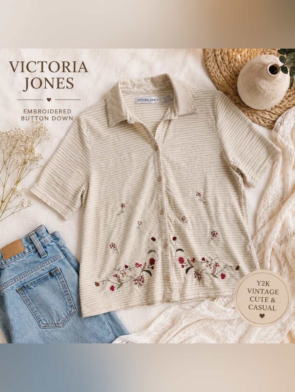 Vintage Victoria Jones Embroidered Floral Striped Button Front Top | Women's L
